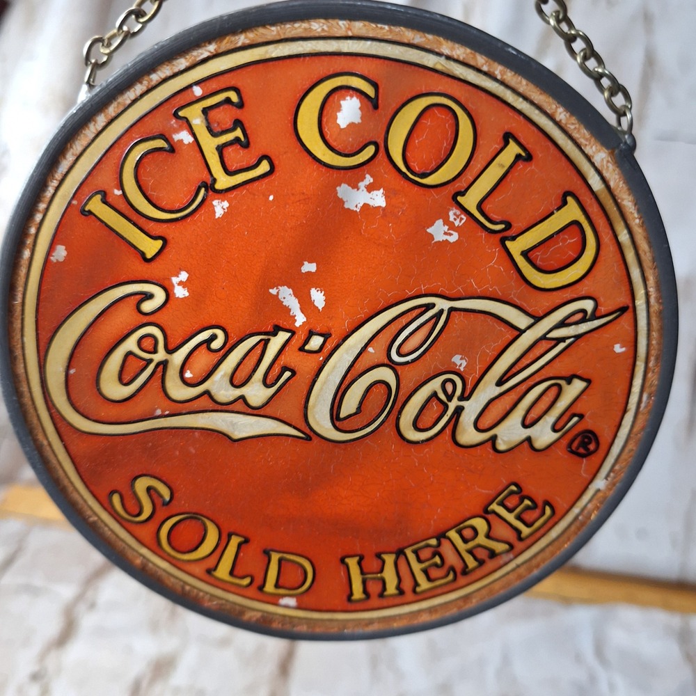 Vintage Coca-Cola Suncatcher Ice Cold Sold Here Glass Hanging Sign 4.25 inch
